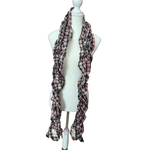 Disney Parks Plaid Ruched Cotton Scarf Mickey Mouse Embroidered Fall XL 75x9 EUC - Picture 3 of 7